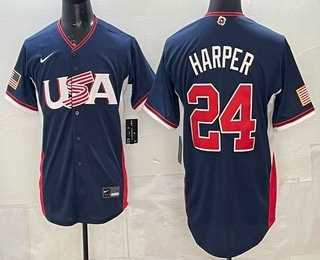 Men%27s USA #24 Bryce Harper Navy 2026 World Baseball Classic Cool Base Jersey