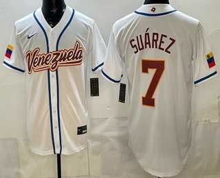 Men%27s Venezuela #7 Eugenio Suarez White 2026 World Baseball Classic Cool Base Jersey