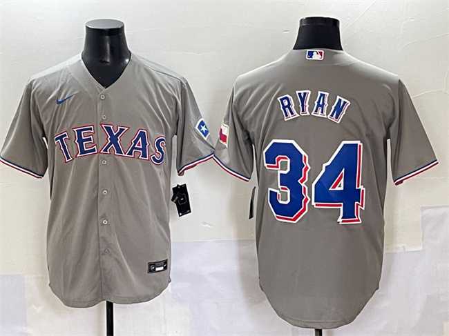 Men%27s Texas Rangers #34 Nolan Ryan Grey With Patch Cool Base Stitched Baseball Jersey