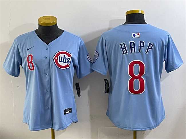 Women%27s Chicago Cubs #8 Ian Happ Blue 2024 25 2nd Alternatemited Stitched Baseball Jersey(Run Small)
