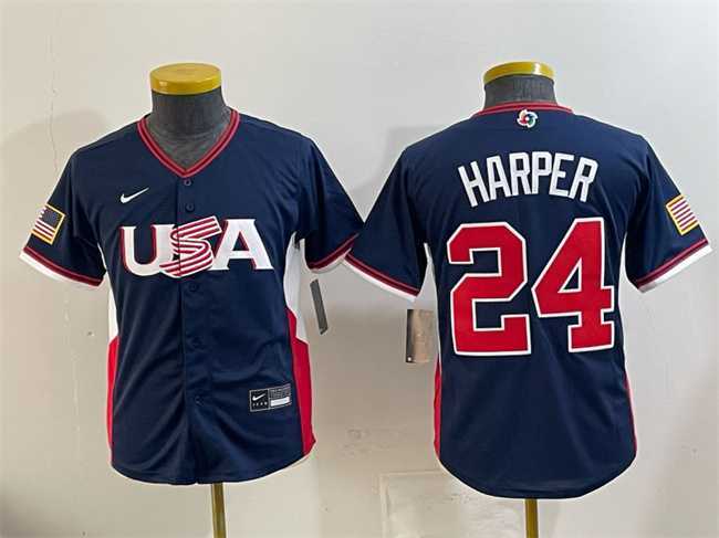 Youth USA Baseball #24 Bryce Harper Navy 2026 World Baseball Classic Stadium Stitched Baseball Jersey