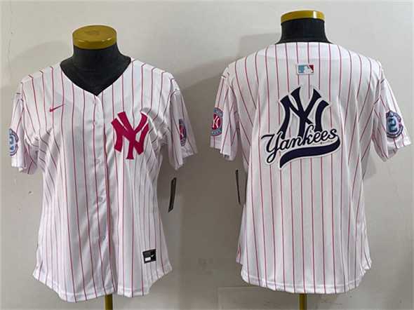 Youth New York Yankees Team Big Logo White Pink Pinstripe Limited Stitched Baseball Jerseys