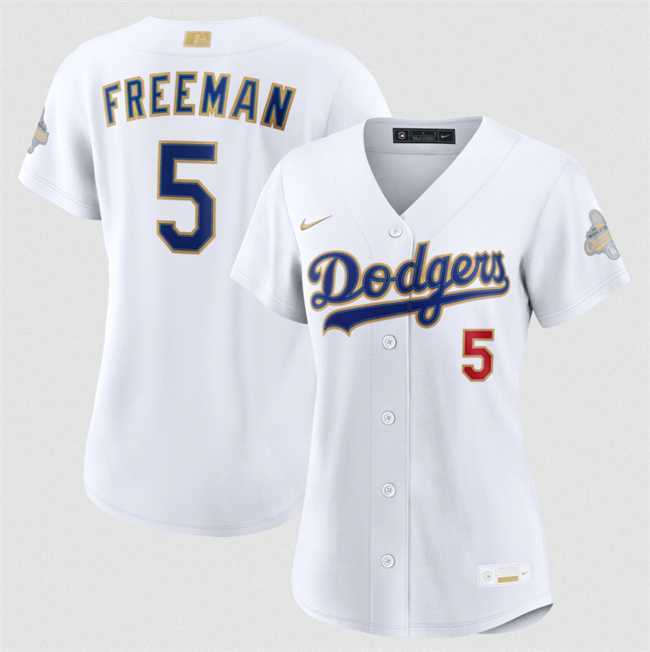 Women%27s Los Angeles Dodgers #5 Freddie Freeman White 2026 Gold Collection Stadium Stitched Jersey Dzhi