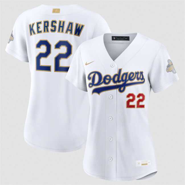 Women%27s Los Angeles Dodgers #22 Clayton Kershaw White 2026 Gold Collection Stadium Stitched Jersey Dzhi