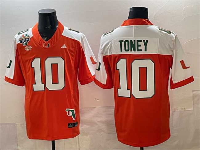 Men%27s Miami Hurricanes #10 Malachi Toney Orange Alternate F.U.S.E. Fiesta Bowl Champions & Florida Patch Stitched Football Jersey
