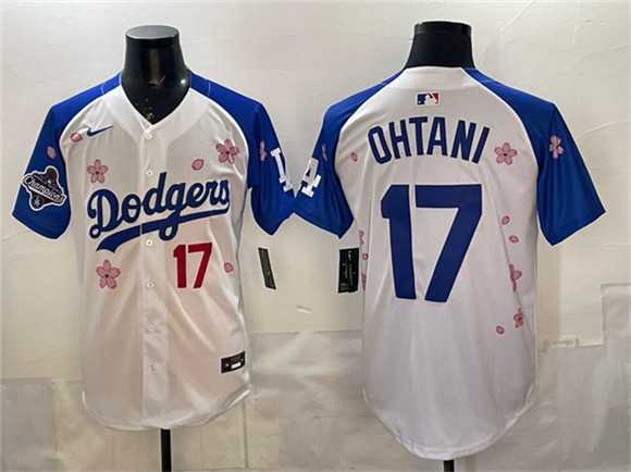 Men%27s Los Angeles Dodgers #17 Shohei Ohtani White Royal 2025 World Series Champions Patch Tokyo Series Limited Stitched Jersey Dzhi