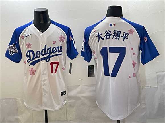 Men%27s Los Angeles Dodgers #17 Ohtani White Royal 2025 World Series Champions Patch Tokyo Series Limited Stitched Jersey Dzhi