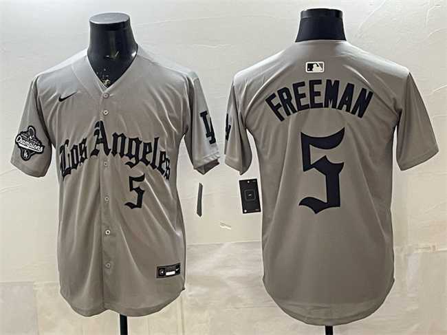 Men%27s Los Angeles Dodgers #5 Freddie Freeman Grey LA Gothic Style With 2025 World Series Champions Patch Limited Stitched Jersey Dzhi