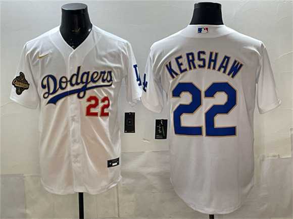 Men%27s Los Angeles Dodgers #22 Clayton Kershaw White 2025 World Series Champions Patch Stitched Jersey Dzhi