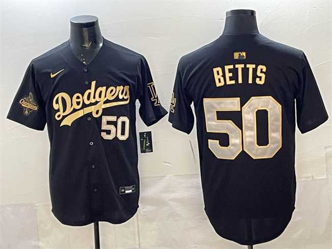 Men%27s Los Angeles Dodgers #50 Mookie Betts Black Gold 2025 World Series Champions Patch Limited Stitched Jersey Dzhi