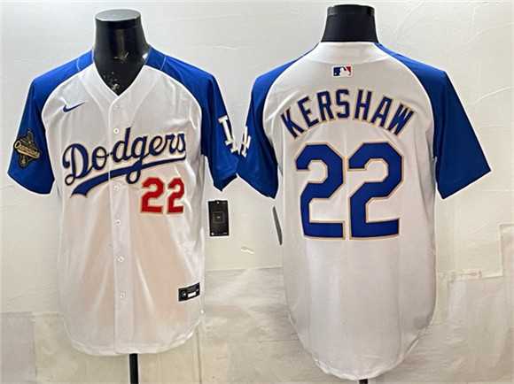 Men%27s Los Angeles Dodgers #22 Clayton Kershaw White Royal 2025 World Series Champions Patch Limited Stitched Jersey Dzhi