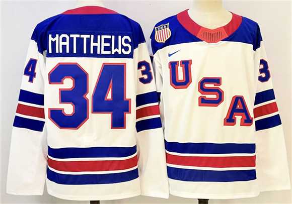 Men%27s USA #34 Auston Matthews White 2025-2026 Stitched Jersey