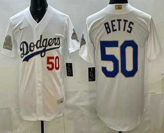 Men%27s Los Angeles Dodgers #50 Mookie Betts White Gold World Series Champions Collection Limited Jersey