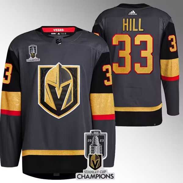 Men%27s Vegas Golden Knights #33 Adin Hill Gray 2023 Stanley Cup Champions Stitched Jersey Dzhi