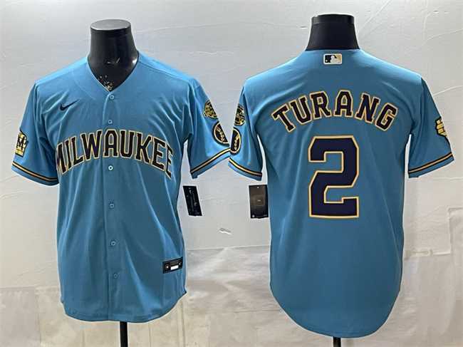 Men%27s Milwaukee Brewers #2 Brice Turang Blue With Home & Bob Uecker Patch Stitched Jersey