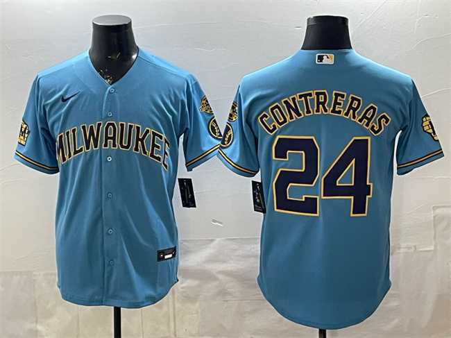 Men%27s Milwaukee Brewers #24 William Contreras Blue With Home & Bob Uecker Patch Stitched Jersey