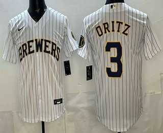 Men%27s Milwaukee Brewers #3 Joey Ortiz White Cool Base Jersey