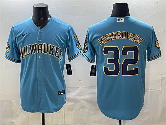Men%27s Milwaukee Brewers #32 Jacob Misiorowski Blue With Home & Bob Uecker Patch Stitched Jersey