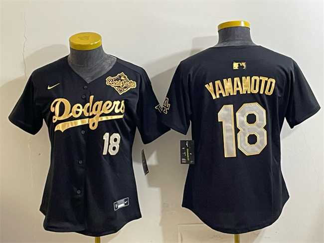 Youth Los Angeles Dodgers #18 Yoshinobu Yamamoto Black Gold 2025 World Series Patch Limited Stitched Jersey Dzhi
