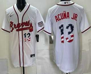 Men%27s Atlanta Braves #13 Ronald Acuna Jr White USA 250 Fourth of July Home Stadium Stitched Jersey Dzhi