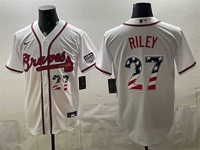Men%27s Atlanta Braves #27 Austin Riley White USA 250 Fourth of July Home Stadium Stitched Baseball Jersey Dzhi
