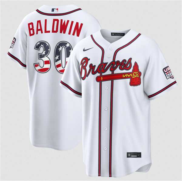 Men%27s Atlanta Braves #30 Drake Baldwin White USA 250 Fourth of July Home Stadium Stitched Baseball Jersey Dzhi