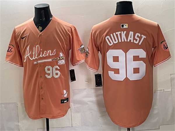 Men%27s Atlanta Braves #96 OutKast Peach 2024 Atliens & Peach With Outkast Patch Vapor Limited Stitched Jersey Dzhi