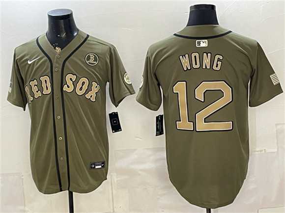 Men%27s Boston Red Sox #12 Connor Wong Olive Armed Forces Day Cool Base Stitched Jersey Dzhi