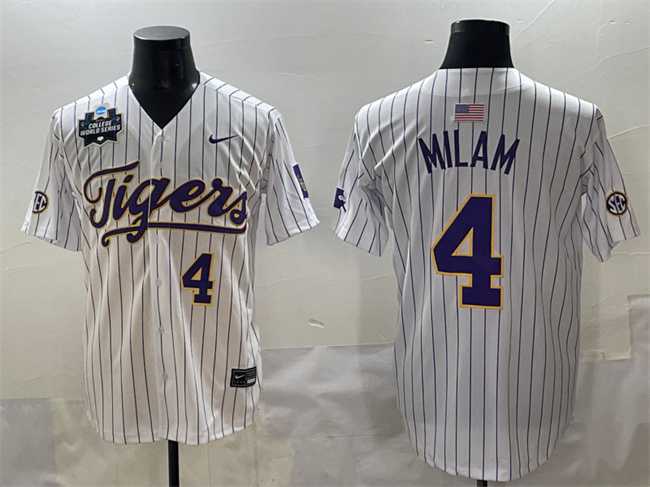 Men%27s LSU Tigers #4 Steven Milam White Pinstripe 2025 World Series & SEC Patch Stitched Baseball Jersey
