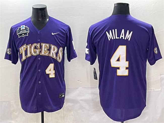 Men%27s LSU Tigers #4 Steven Milam Purple 2025 World Series & SEC Patch Stitched Baseball Jersey