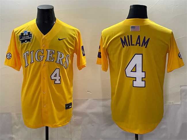 Men%27s LSU Tigers #4 Steven Milam Gold 2025 World Series & SEC Patch Stitched Baseball Jersey