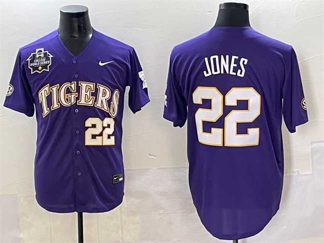 Men%27s LSU Tigers #22 Jared Jones Purple 2025 World Series & SEC Patch Stitched Baseball Jersey