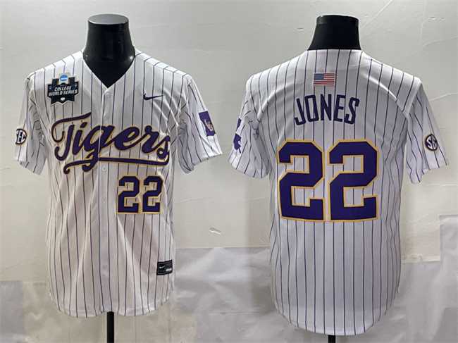Men%27s LSU Tigers #22 Jared Jones White Pinstripe 2025 World Series & SEC Patch Stitched Baseball Jersey