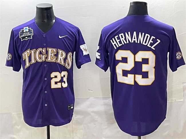 Men%27s LSU Tigers #23 Luis Hernandez Purple 2025 World Series & SEC Patch Stitched Baseball Jersey