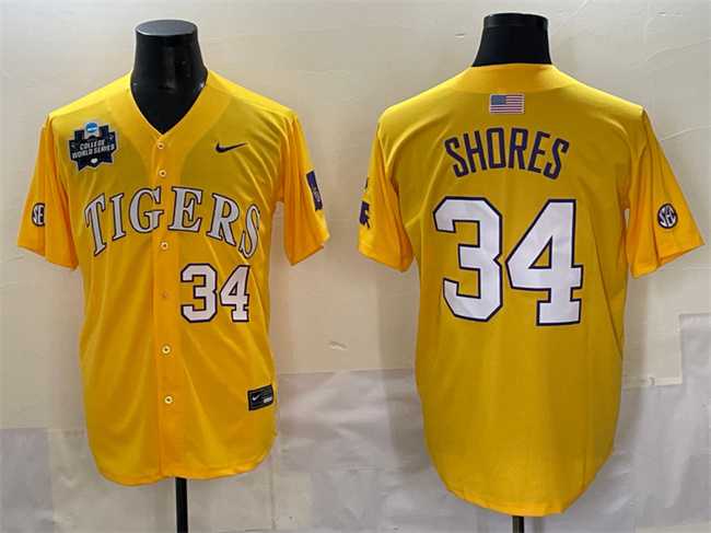 Men%27s LSU Tigers #34 Chase Shores Gold 2025 World Series & SEC Patch Stitched Baseball Jersey