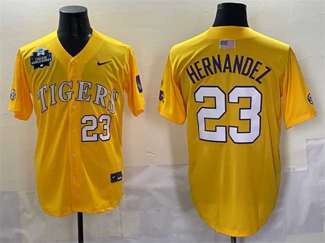 Men%27s LSU Tigers #23 Luis Hernandez Gold 2025 World Series & SEC Patch Stitched Baseball Jersey