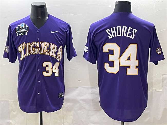 Men%27s LSU Tigers #34 Chase Shores Purple 2025 World Series & SEC Patch Stitched Baseball Jersey