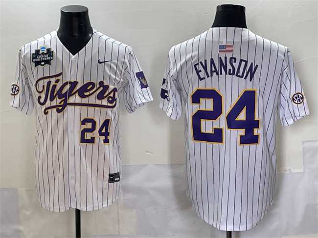 Men%27s LSU Tigers #24 Anthony Eyanson White Pinstripe 2025 World Series & SEC Patch Stitched Baseball Jersey