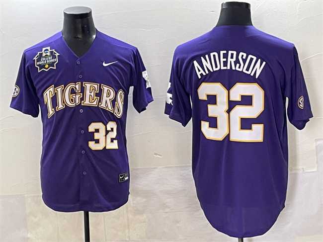 Men%27s LSU Tigers #32 Kade Anderson Purple 2025 World Series & SEC Patch Stitched Baseball Jersey