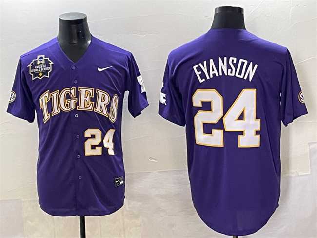 Men%27s LSU Tigers #24 Anthony Eyanson Purple 2025 World Series & SEC Patch Stitched Baseball Jersey
