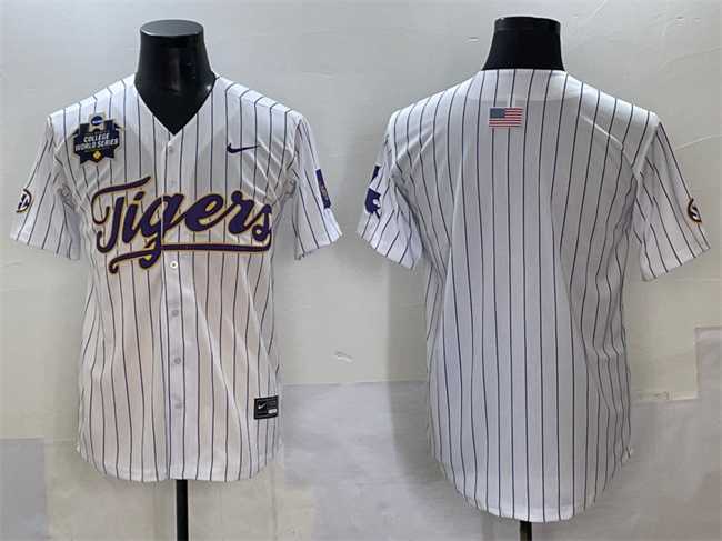 Men%27s LSU Tigers Blank White Pinstripe 2025 World Series & SEC Patch Stitched Baseball Jersey