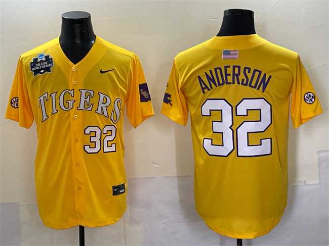 Men%27s LSU Tigers #32 Kade Anderson Gold 2025 World Series & SEC Patch Stitched Baseball Jersey