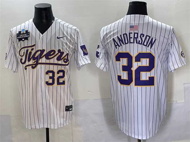 Men%27s LSU Tigers #32 Kade Anderson White Pinstripe 2025 World Series & SEC Patch Stitched Baseball Jersey