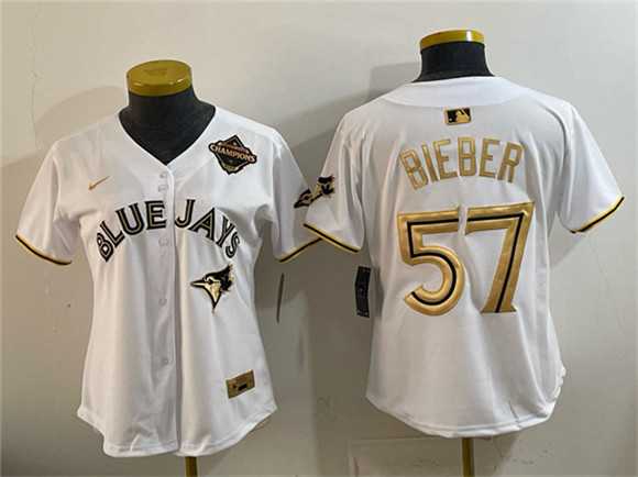 Youth Toronto Blue Jays #57 Shane Bieber White Gold 2025 American League Champions Limited Stitched Jersey Dzhi