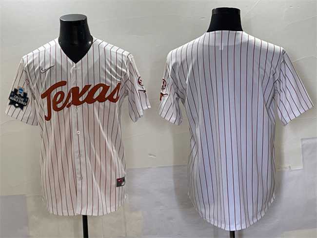 Men%27s Texas Longhorns Blank White Pinstripe 2025 World Series & SEC Patch Stitched Jersey