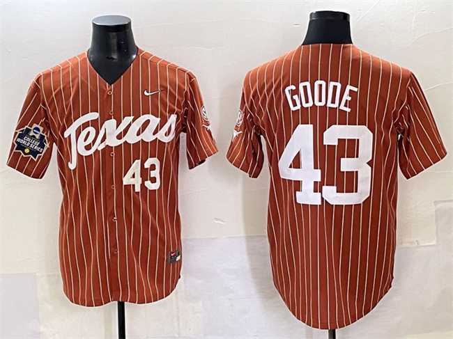 Men%27s Texas Longhorns #43 Leighann Goode Orange Pinstripe 2025 World Series & SEC Patch Stitched Jersey