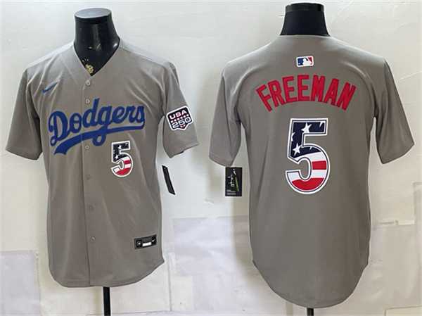 Men%27s Los Angeles Dodgers #5 Freddie Freeman Gray 250 Fourth of July Road Stitched Jersey Dzhi