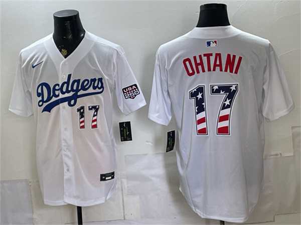 Men%27s Los Angeles Dodgers #17 Shohei Ohtani White 250 Fourth of July Home Stitched Jersey Dzhi