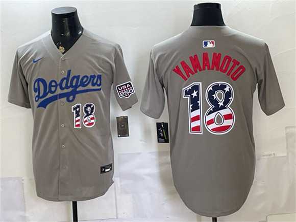 Men%27s Los Angeles Dodgers #18 Yoshinobu Yamamoto Gray USA 250 Fourth of July Stitched Jersey Dzhi