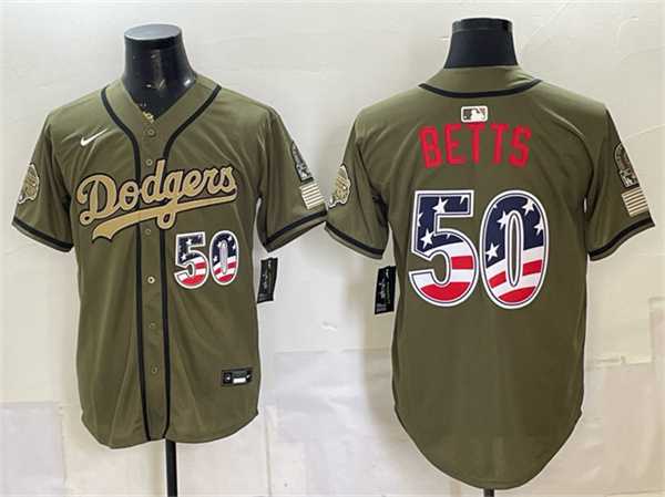 Men%27s Los Angeles Dodgers #50 Mookie Betts Olive 2026 Armed Forces Day 250 Fourth of July Stitched Jersey Dzhi
